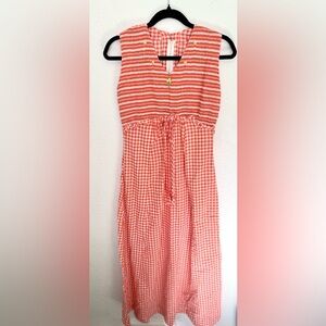 Vintage 60s Handmade Gingham Empire Ruffle Floral Embroidered Smocked Dress